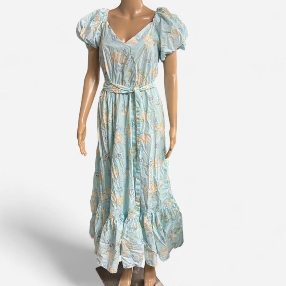 LoveShackFancy Light Blue Floral Puff Sleeve Maxi Dress